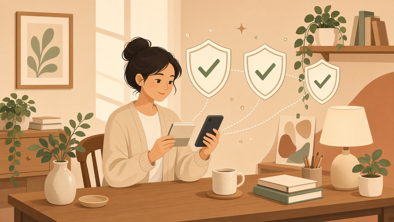 휴대전화와 통장을 확인하는 사람 위로 방패 체크 표시 세 개가 떠 있는 개념 일러스트